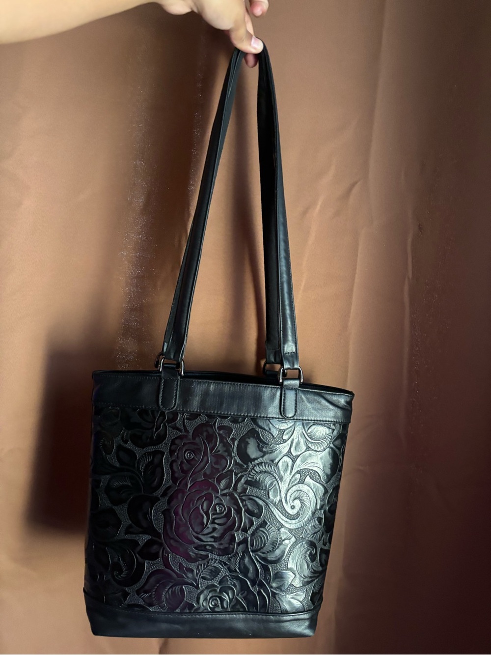 SAS Black Floral Embossed Shoulder Tote